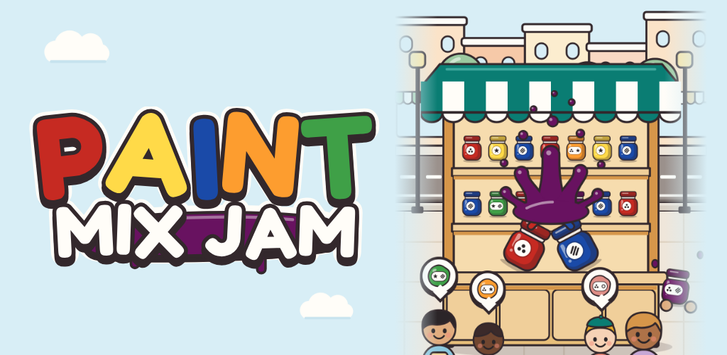 Paint Mix Jam: a paint shop with jars on a shelf and customers in line